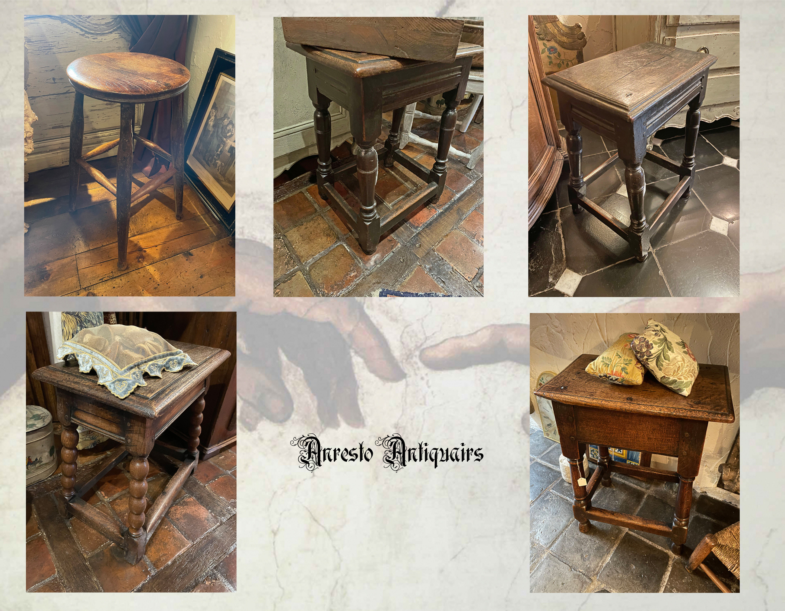 ~klik vergroting~ 1 Engelse antieke tabouret en 4 Engelse joint tables 
